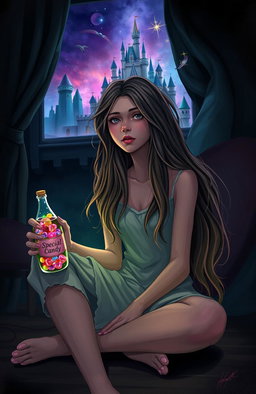 A dramatic and emotional scene depicting Hunter, a young woman with long flowing hair, sitting alone in a dimly lit room filled with shadows of negativity while holding a colorful bottle labeled 'Special Candy'