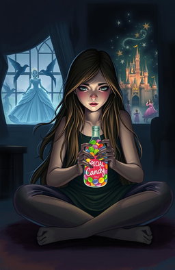 A dramatic and emotional scene depicting Hunter, a young woman with long flowing hair, sitting alone in a dimly lit room filled with shadows of negativity while holding a colorful bottle labeled 'Special Candy'