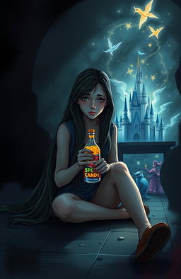 A dramatic and emotional scene depicting Hunter, a young woman with long flowing hair, sitting alone in a dimly lit room filled with shadows of negativity while holding a colorful bottle labeled 'Special Candy'
