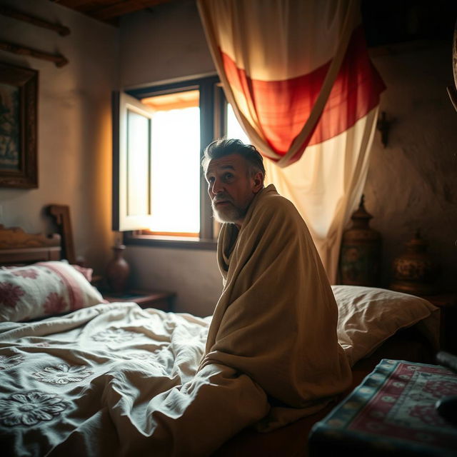 In a small Moroccan village, a rural man awakens suddenly from his bed at dawn, looking startled