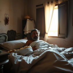 In a small Moroccan village, a rural man awakens suddenly from his bed at dawn, looking startled