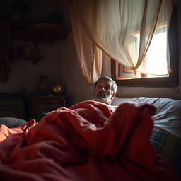 In a small Moroccan village, a rural man awakens suddenly from his bed at dawn, looking startled