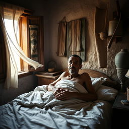 In a small Moroccan village, a rural man awakens suddenly from his bed at dawn, looking startled