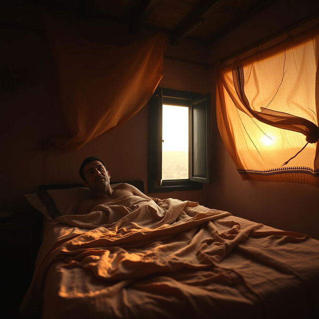 In a small village in Morocco, a rural man suddenly awakens from his bed at dawn, appearing startled