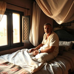 In a small village in Morocco, a rural man suddenly awakens from his bed at dawn, appearing startled