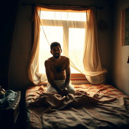 In a small village in Morocco, a rural man suddenly awakens from his bed at dawn, appearing startled