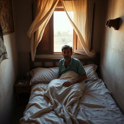 In a small village in Morocco, a rural man suddenly awakens from his bed at dawn, appearing startled
