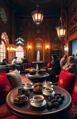 A beautiful, cozy Arabic coffee house interior, featuring intricate wooden carvings, plush cushions in rich colors, and warm, ambient lighting that creates a welcoming atmosphere