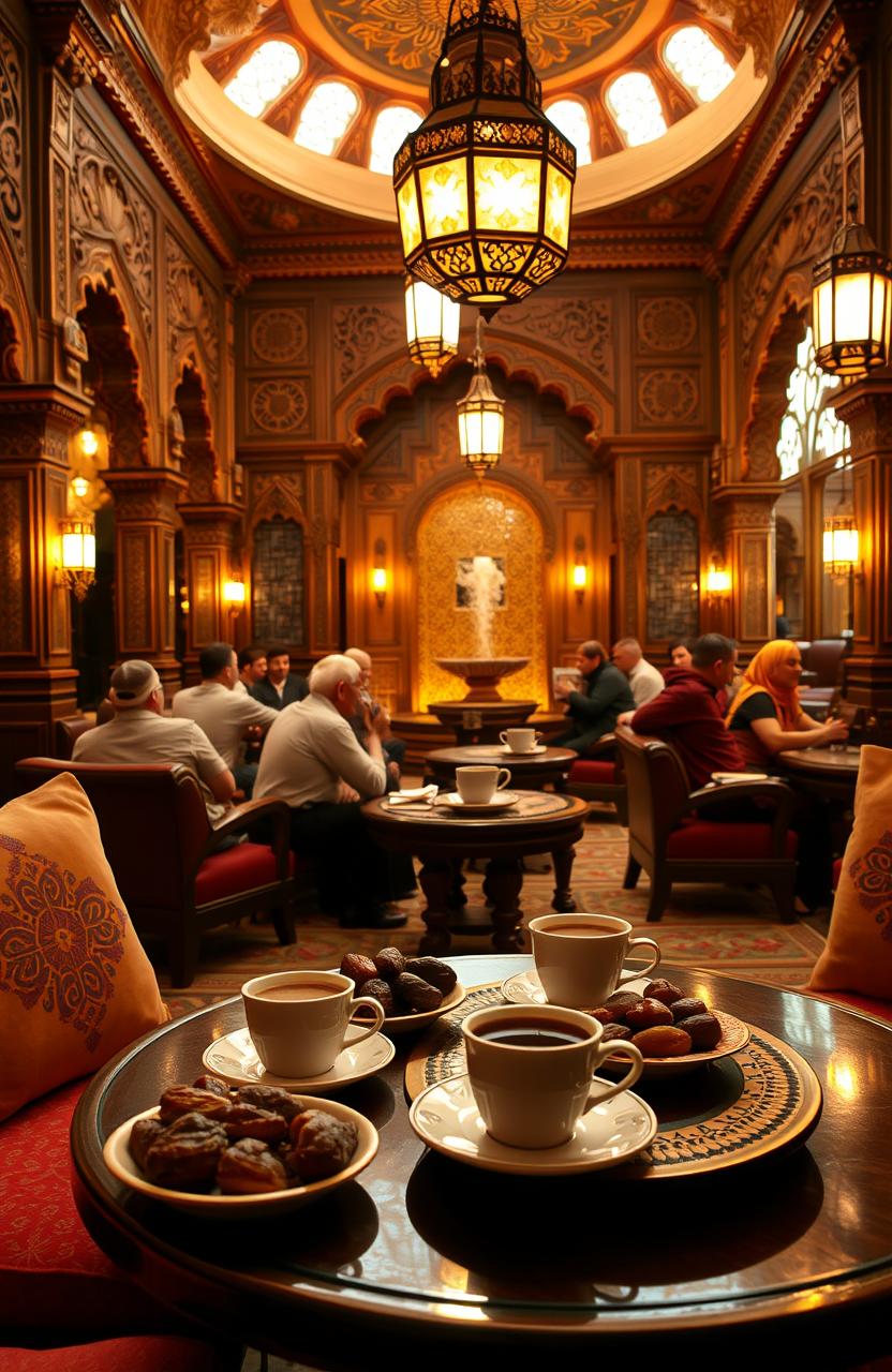 A beautiful, cozy Arabic coffee house interior, featuring intricate wooden carvings, plush cushions in rich colors, and warm, ambient lighting that creates a welcoming atmosphere