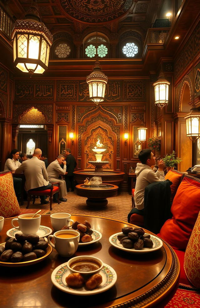 A beautiful, cozy Arabic coffee house interior, featuring intricate wooden carvings, plush cushions in rich colors, and warm, ambient lighting that creates a welcoming atmosphere