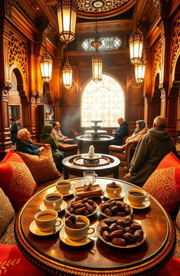 A beautiful, cozy Arabic coffee house interior, featuring intricate wooden carvings, plush cushions in rich colors, and warm, ambient lighting that creates a welcoming atmosphere