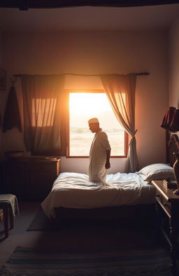 In a simple rural house in the Moroccan countryside, a peasant man rises from his bed at dawn