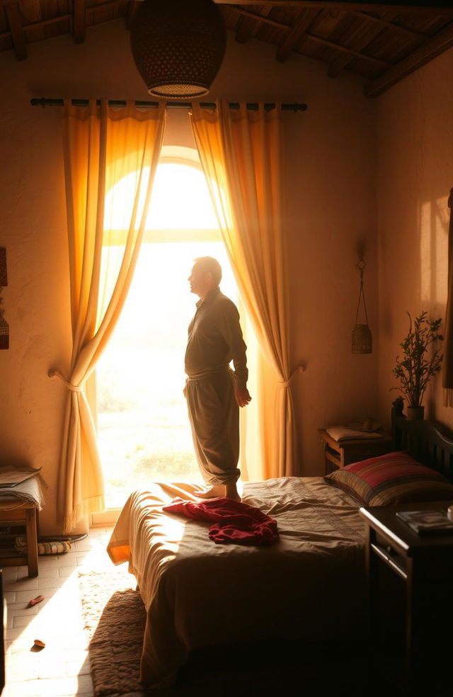 In a simple rural house in the Moroccan countryside, a peasant man rises from his bed at dawn