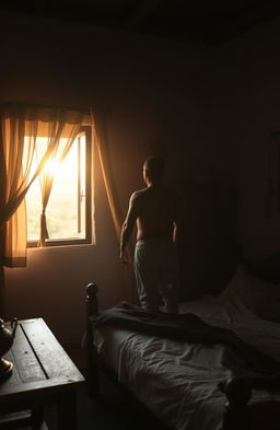 In a simple rural house in the Moroccan countryside, a peasant man rises from his bed at dawn