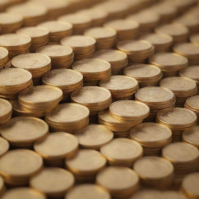 Multiple stacks of shiny, golden coins