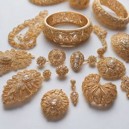 A collection of intricate, elegant golden jewelry