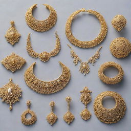 A collection of intricate, elegant golden jewelry