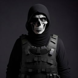 A kidnappers' commander with a plain, emotionless face, dressed in black skeleton attire and a bullet-proof vest, exuding an air of unsettling menace.