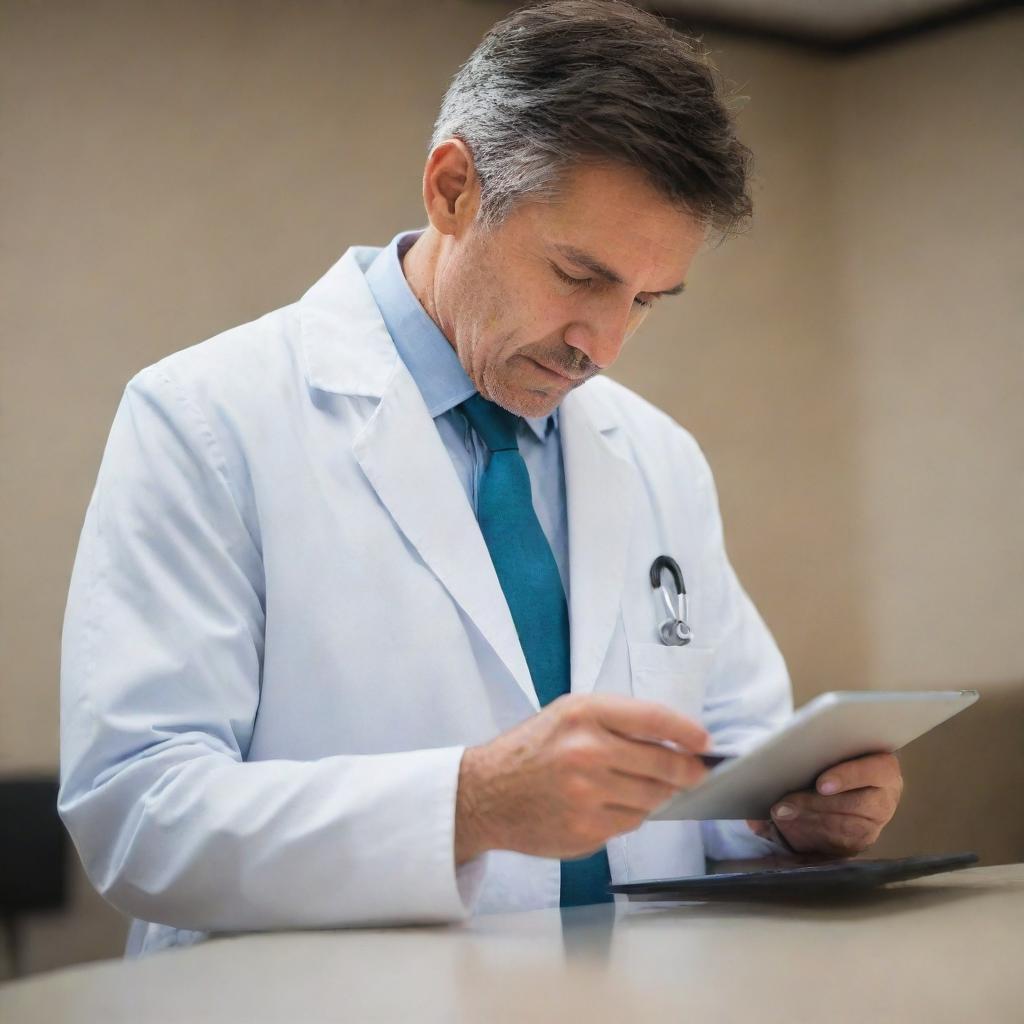 A focused physician delicately adjusting data tables on his iPad, reflecting an aura of professionalism and dedication.