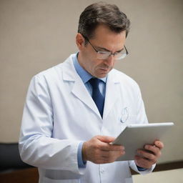 A focused physician delicately adjusting data tables on his iPad, reflecting an aura of professionalism and dedication.