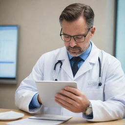 A focused physician delicately adjusting data tables on his iPad, reflecting an aura of professionalism and dedication.