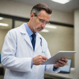 A focused physician delicately adjusting data tables on his iPad, reflecting an aura of professionalism and dedication.