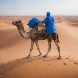 A physician clad in blue medical scrubs rides a camel across a vast sandy desert, blending the unconventional with the conventional.