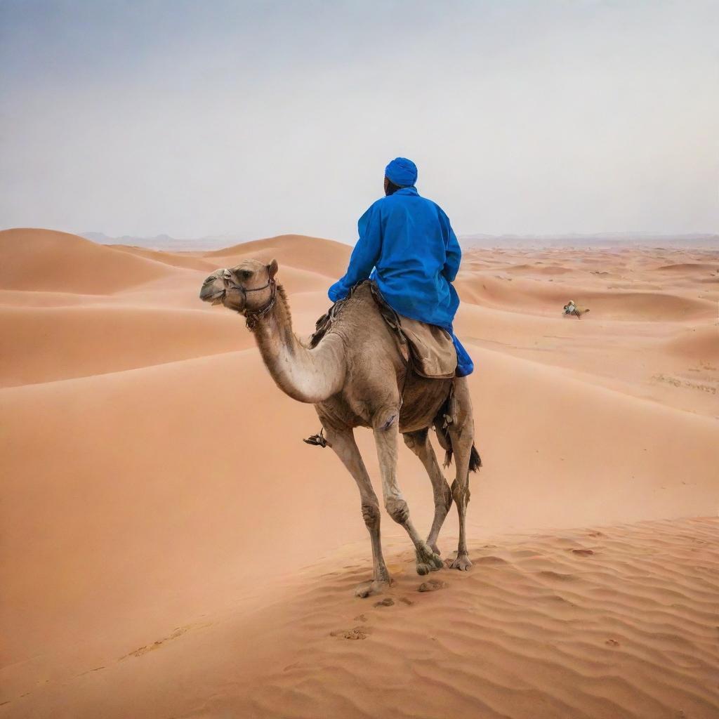 A physician clad in blue medical scrubs rides a camel across a vast sandy desert, blending the unconventional with the conventional.