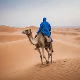 A physician clad in blue medical scrubs rides a camel across a vast sandy desert, blending the unconventional with the conventional.