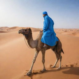 A physician clad in blue medical scrubs rides a camel across a vast sandy desert, blending the unconventional with the conventional.