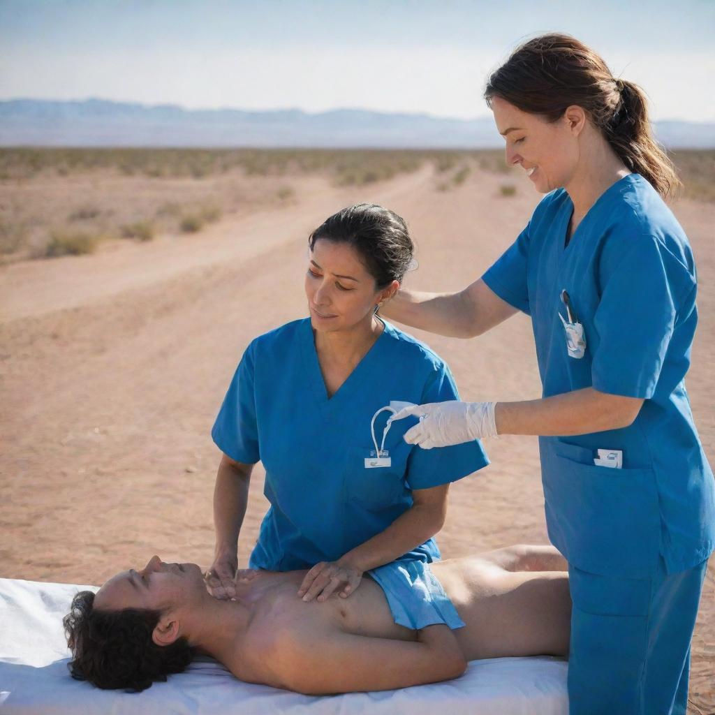 Under the expanse of the desert sky, a physician dressed in blue scrubs is compassionately providing medical treatment to a patient.