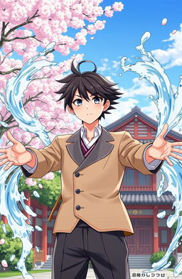 A dramatic illustration of Hasan, a transfer student from Indonesia now in Japan, showcasing his unique power to control water