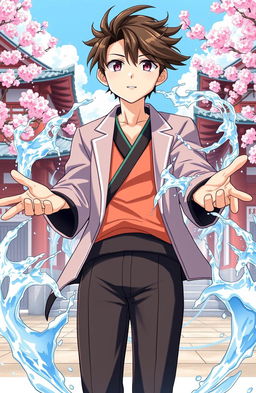 A dramatic illustration of Hasan, a transfer student from Indonesia now in Japan, showcasing his unique power to control water