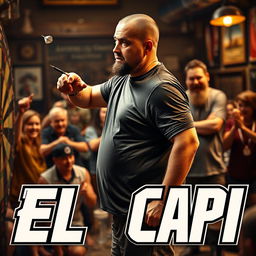 A realistic drama movie scene featuring a 25-year-old dart player, slightly overweight and tall, with a shaved head showing signs of receding hairline and a short beard