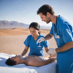 Under the expanse of the desert sky, a physician dressed in blue scrubs is compassionately providing medical treatment to a patient.