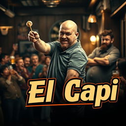 A realistic drama movie scene featuring a 25-year-old dart player, slightly overweight and tall, with a shaved head showing signs of receding hairline and a short beard