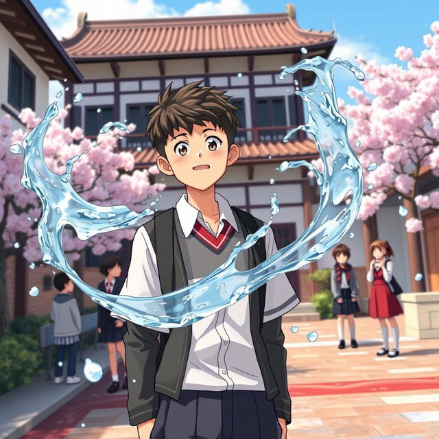 A captivating illustration of Hasan, a middle school student from Indonesia who has been transferred to Japan, showcasing his extraordinary ability to control water