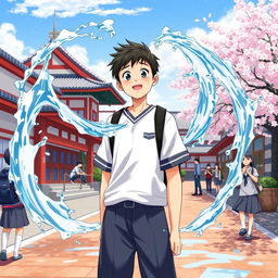 A captivating illustration of Hasan, a middle school student from Indonesia who has been transferred to Japan, showcasing his extraordinary ability to control water