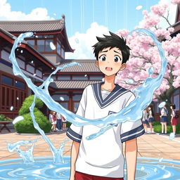 A captivating illustration of Hasan, a middle school student from Indonesia who has been transferred to Japan, showcasing his extraordinary ability to control water