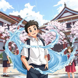 A captivating illustration of Hasan, a middle school student from Indonesia who has been transferred to Japan, showcasing his extraordinary ability to control water