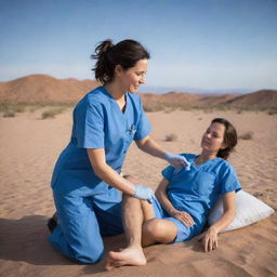 Under the expanse of the desert sky, a physician dressed in blue scrubs is compassionately providing medical treatment to a patient.