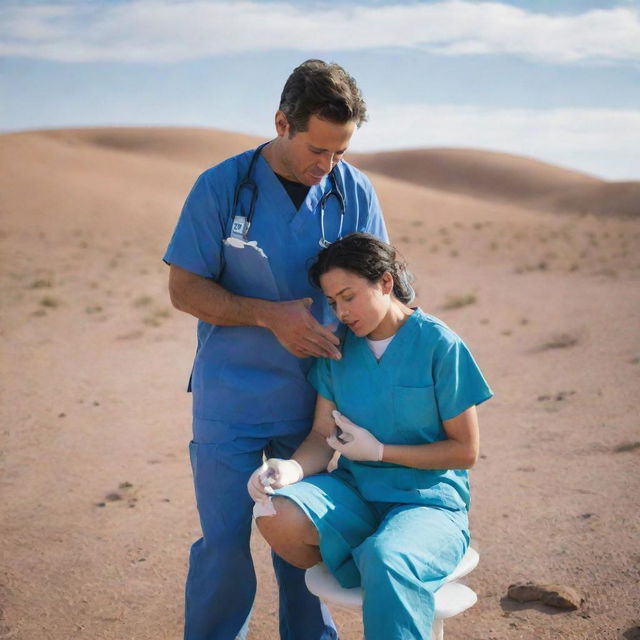 Under the expanse of the desert sky, a physician dressed in blue scrubs is compassionately providing medical treatment to a patient.