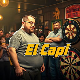 A family comedy scene featuring a 25-year-old dart player, slightly overweight and tall, with a shaved head showing signs of receding hairline and a short beard