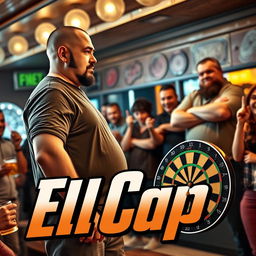 A family comedy scene featuring a 25-year-old dart player, slightly overweight and tall, with a shaved head showing signs of receding hairline and a short beard