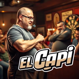 A family comedy scene featuring a 25-year-old dart player, slightly overweight and tall, with a shaved head showing signs of receding hairline and a short beard