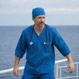 A brave male physician outfitted in blue scrubs, orchestrating a daring rescue mission for a patient stranded in the heart of the vast open sea.