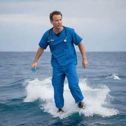 A brave male physician outfitted in blue scrubs, orchestrating a daring rescue mission for a patient stranded in the heart of the vast open sea.