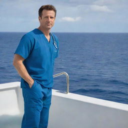 A brave male physician outfitted in blue scrubs, orchestrating a daring rescue mission for a patient stranded in the heart of the vast open sea.