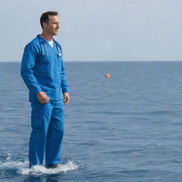 A brave male physician outfitted in blue scrubs, orchestrating a daring rescue mission for a patient stranded in the heart of the vast open sea.