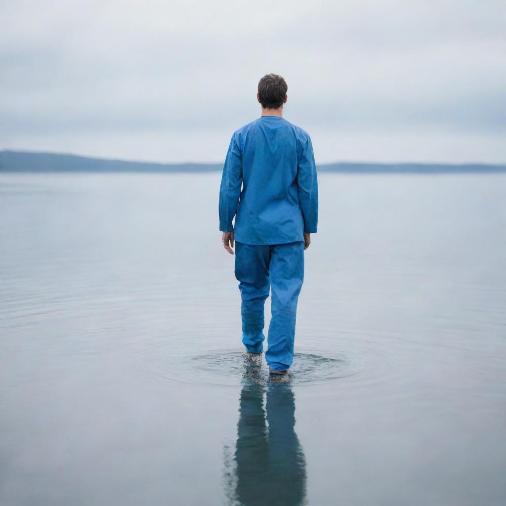 A male doctor in blue scrubs creating a surreal image by seemingly walking on the surface of a calm, expansive body of water.